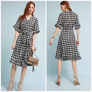 Anthropologie sabella Sinclair Gingham Flutter Wrap Ruffle Hem Dress